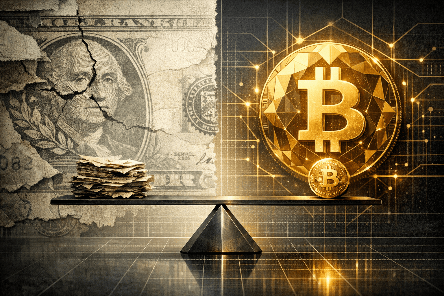 Editorial featured image contrasting broken fiat money and Bitcoin scarcity